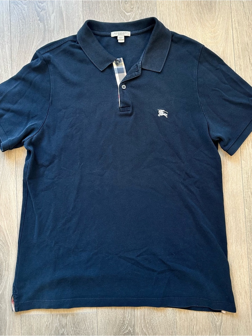 Burberry Men’s Black Polo Shirt with Signature Check Trim Size Large